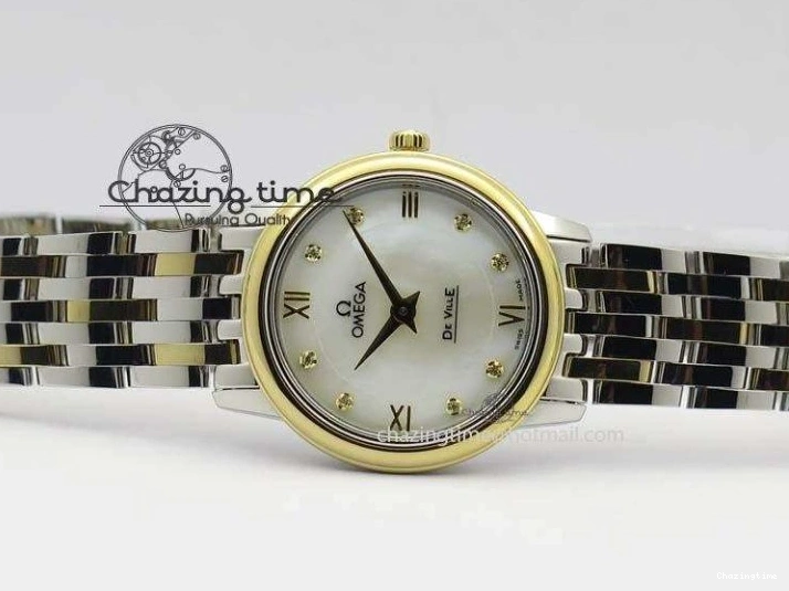 0315 OnTrend De Ville 27mm SS YG Ladies MK 1:1 Best Edition White MOP Dial Diamond Markers On SS Bracelet Ronda Quartz 8187